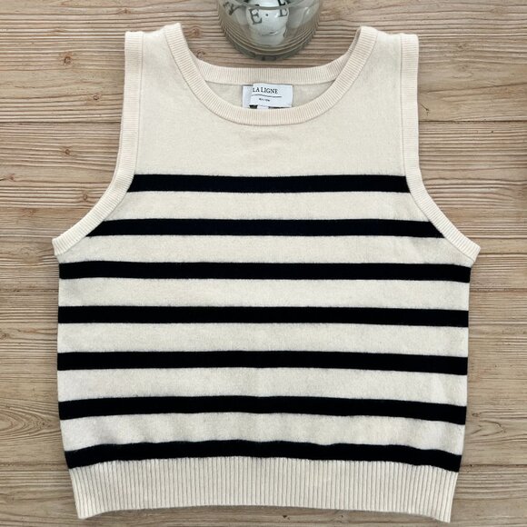 La Ligne Sweaters - La Ligne Cashmere Stripe Sweater Vest – Ivory/Black – XL